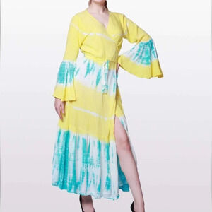 Tie Dye Bell Sleeve Empire Line Long Maxi Wrap Kaftan Dress OS